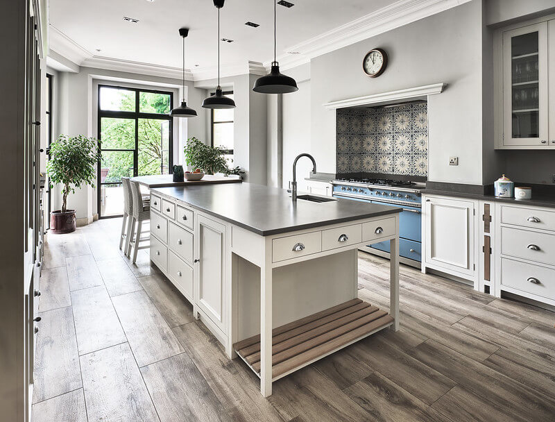 varisco stone Granville Park Blackheath London large modern kitchen with dark grey worktops white cupboards and central island