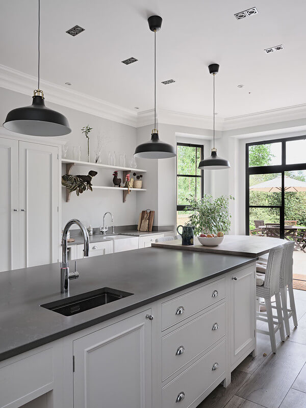 varisco stone Granville Park Blackheath London white kitchen with dark grey worktops central island with sink and breakfast bar