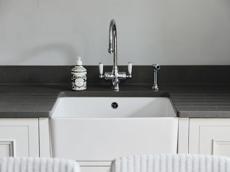 varisco stone Granville Park Blackheath London white butler sink with silver tap and dark grey worktop